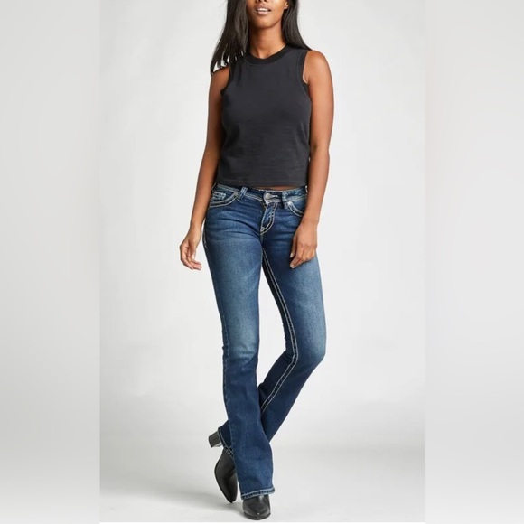 SILVER Jeans Suki Bootcut Jeans Denim Dark Wash Thick White Stitch Mid Rise - Picture 1 of 14